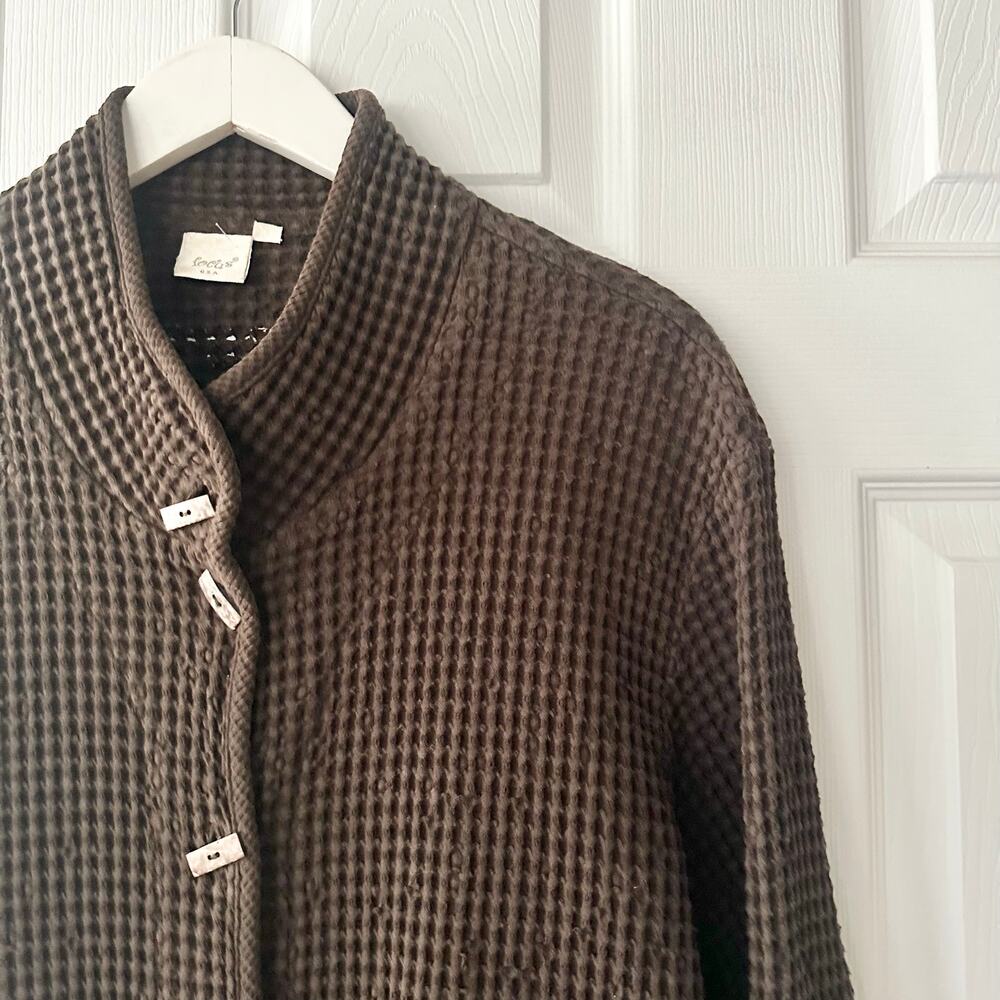 FOCUS Cotton Chocolate Brown Waffle Texture Lagenlook Wood Buttons Jacket XL - Picture 4 of 10